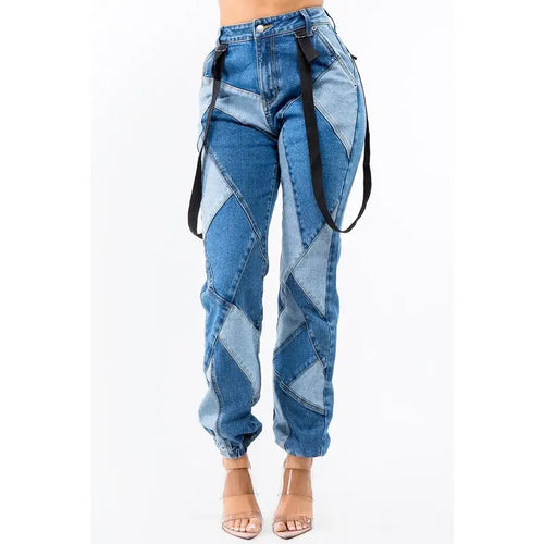 "Bunjee Baddie" Patchwork Denim Joggers